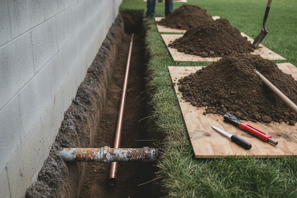 Excavated water line trench during Water Heater Repair in Northport